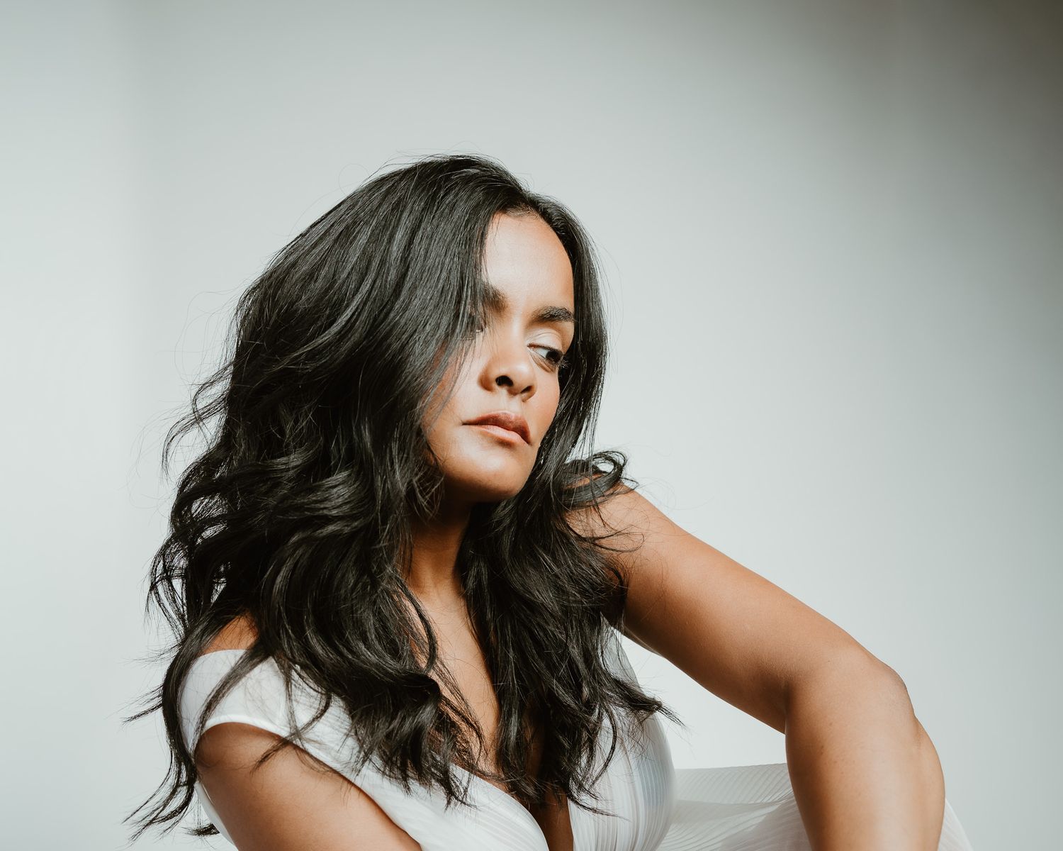 Editorial portrait with hand resting on shoulder, Woodbridge CT photographer