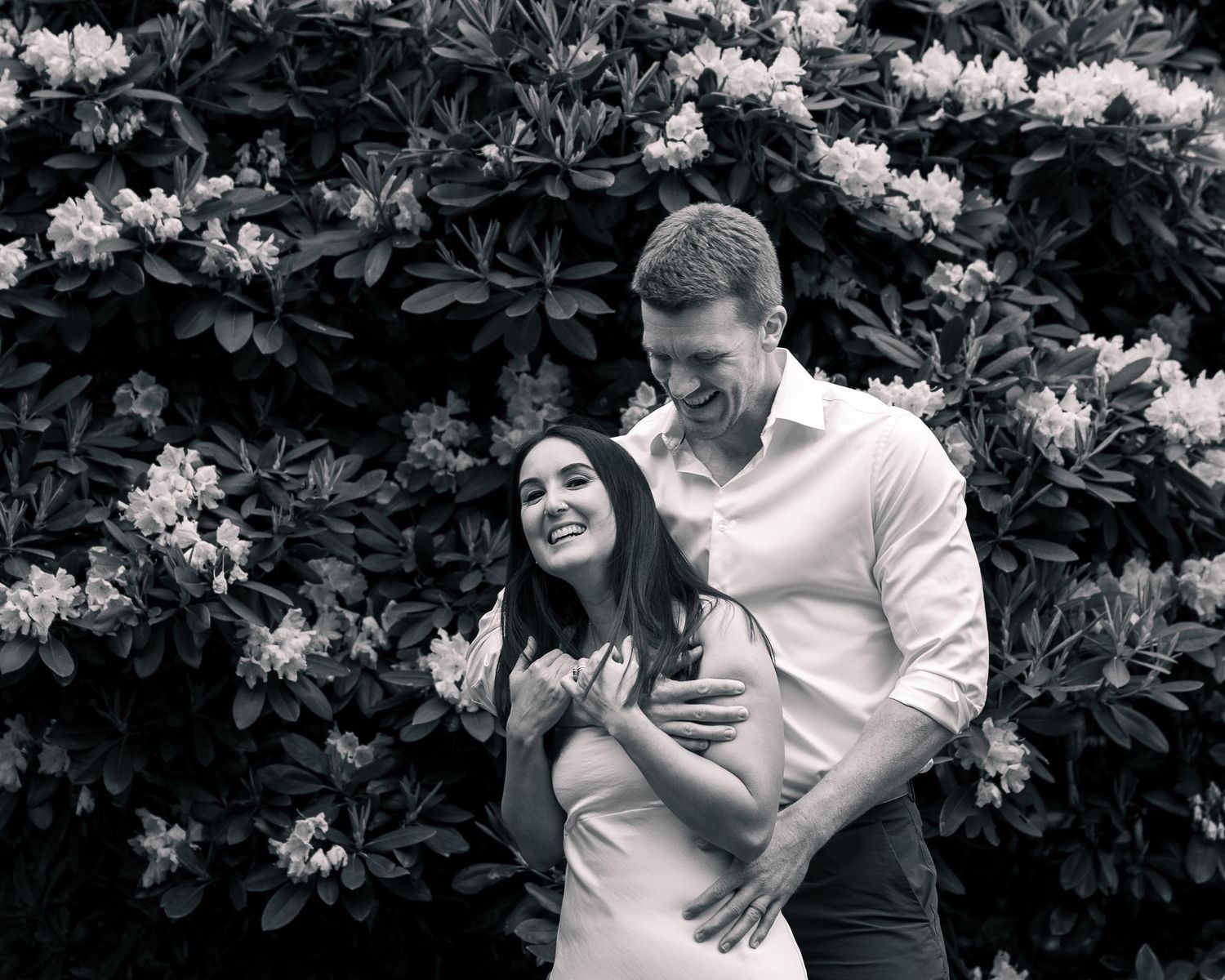 Intimate couple portrait in rhododendron garden, Woodbridge CT elopement session