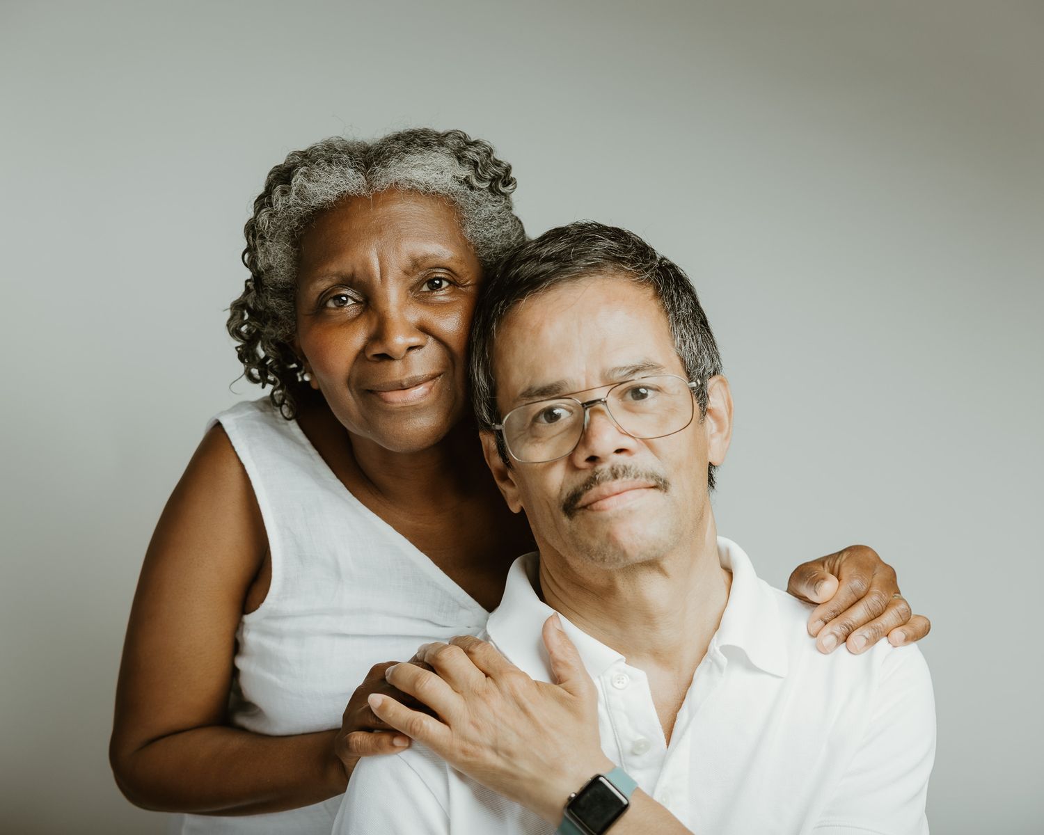 Husband and wife smiling together, studio couple portrait, Woodbridge CT