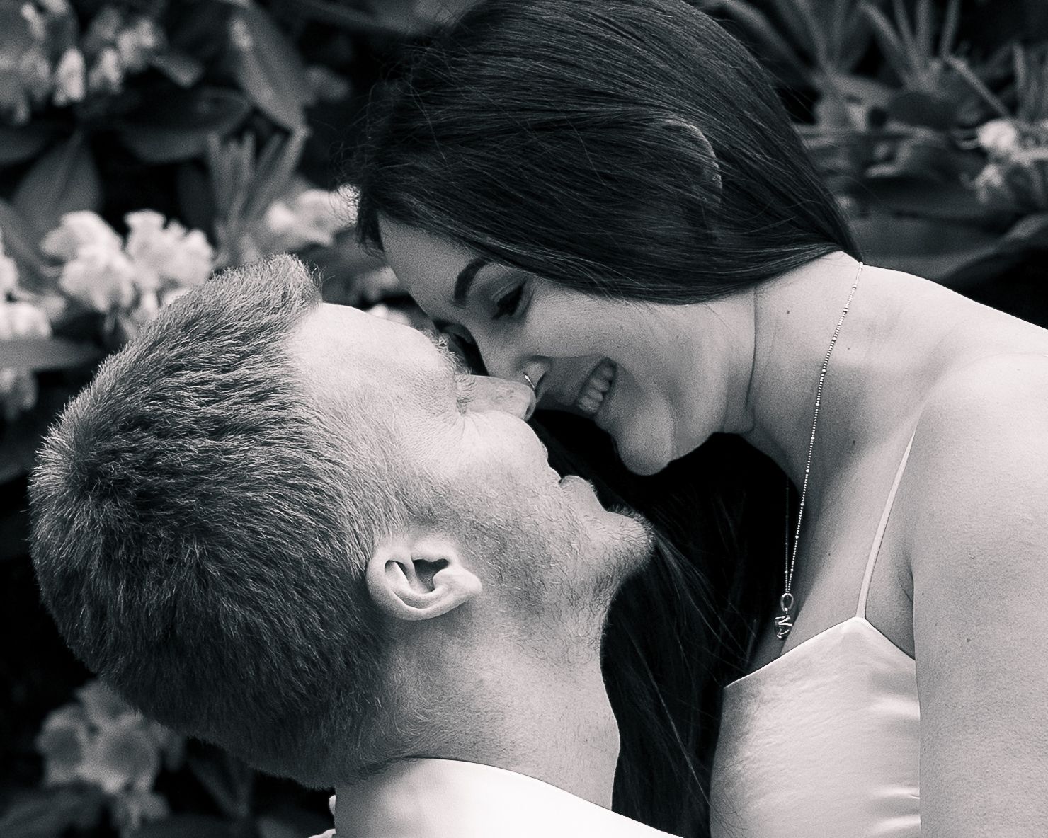 Close up couple portrait in rhododendron garden, Connecticut elopement photographer