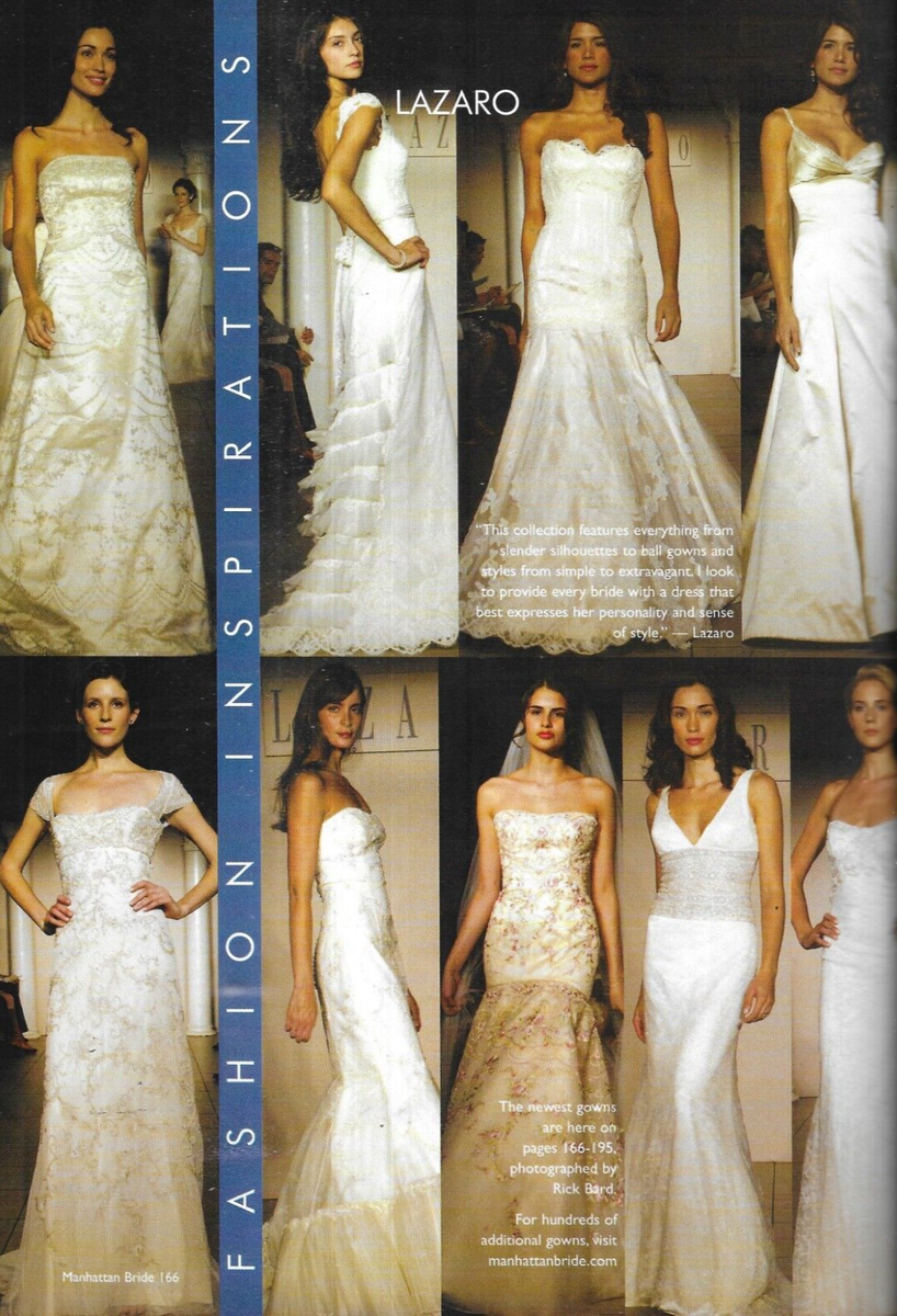 Manhattan Bride magazine spread with bridal gowns, editorial background of Connecticut photographer Noemi Blumenthal