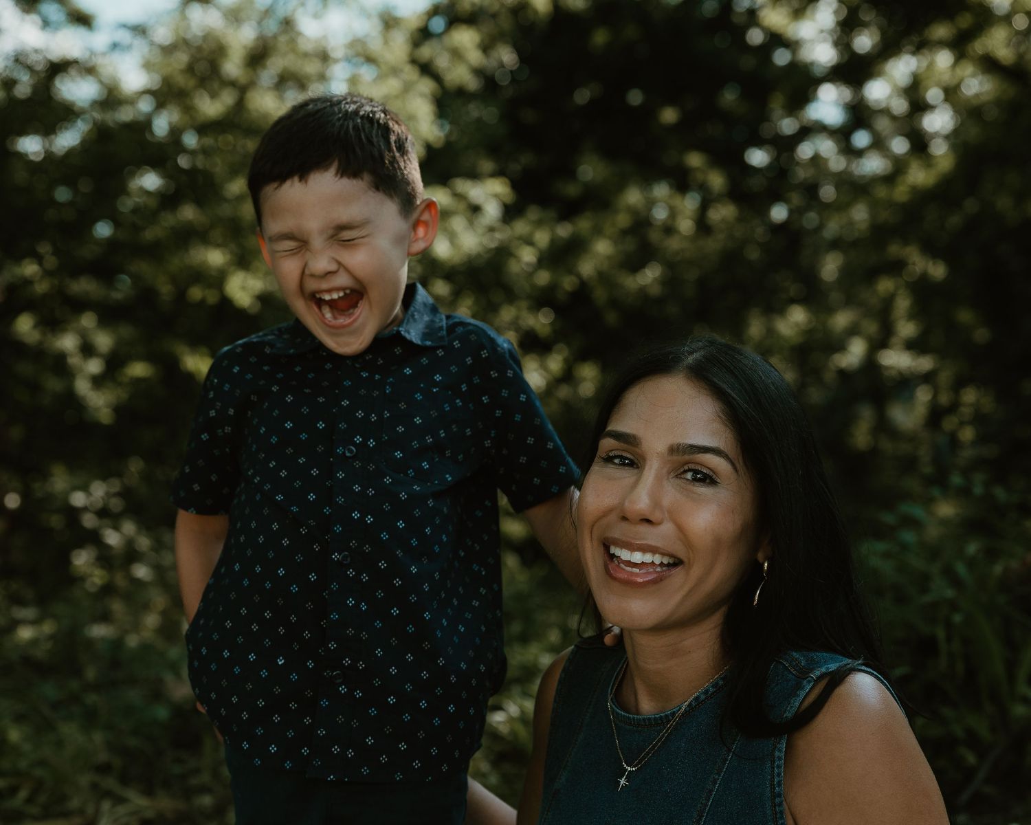 C&J-9.jpg: Laughing son and smiling mother standing outdoors together, family photographer Woodbridge CT