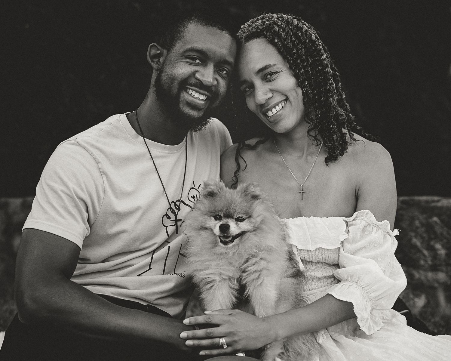 Black and white portrait of couple with their Pomeranian, Connecticut couples photography session