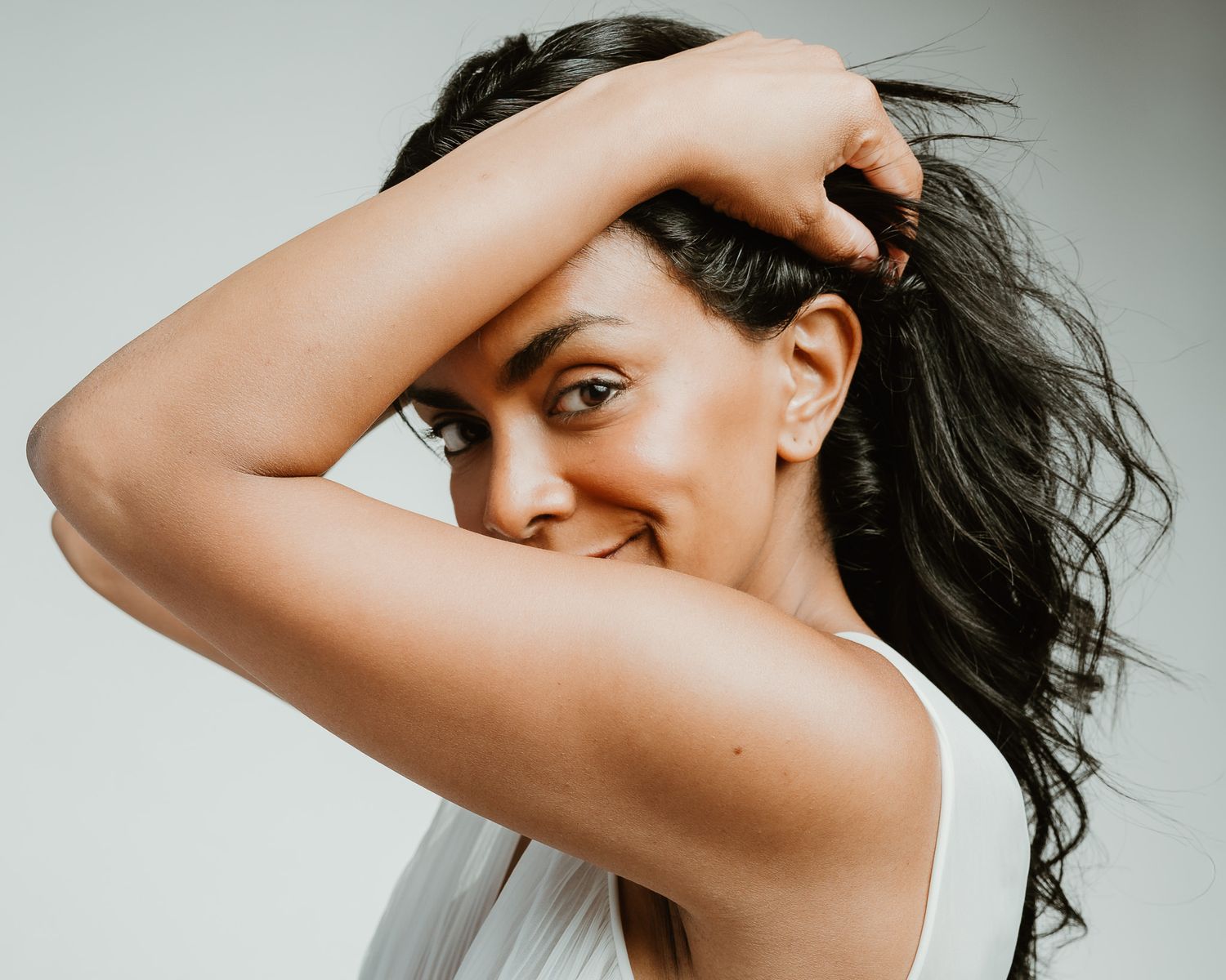 Editorial portrait with hand in hair, Woodbridge CT photographer