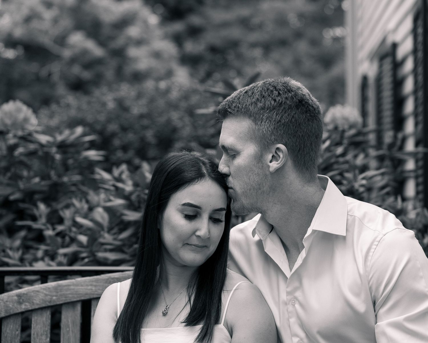 Intimate couple portrait on bench, Woodbridge Connecticut elopement session