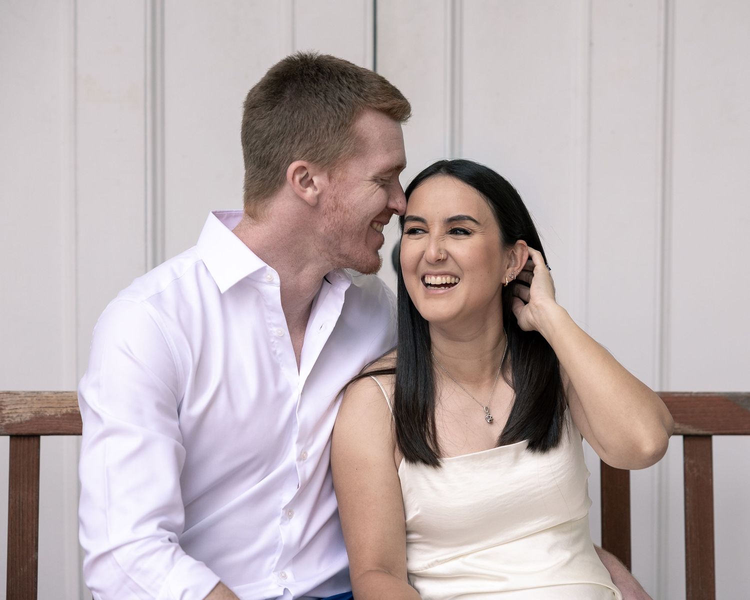 Couple laughing closely together, Connecticut couples photography session