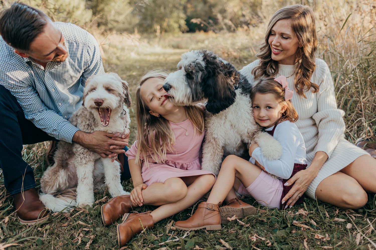 A family photo series outdoors with their white dog in a natural setting.
