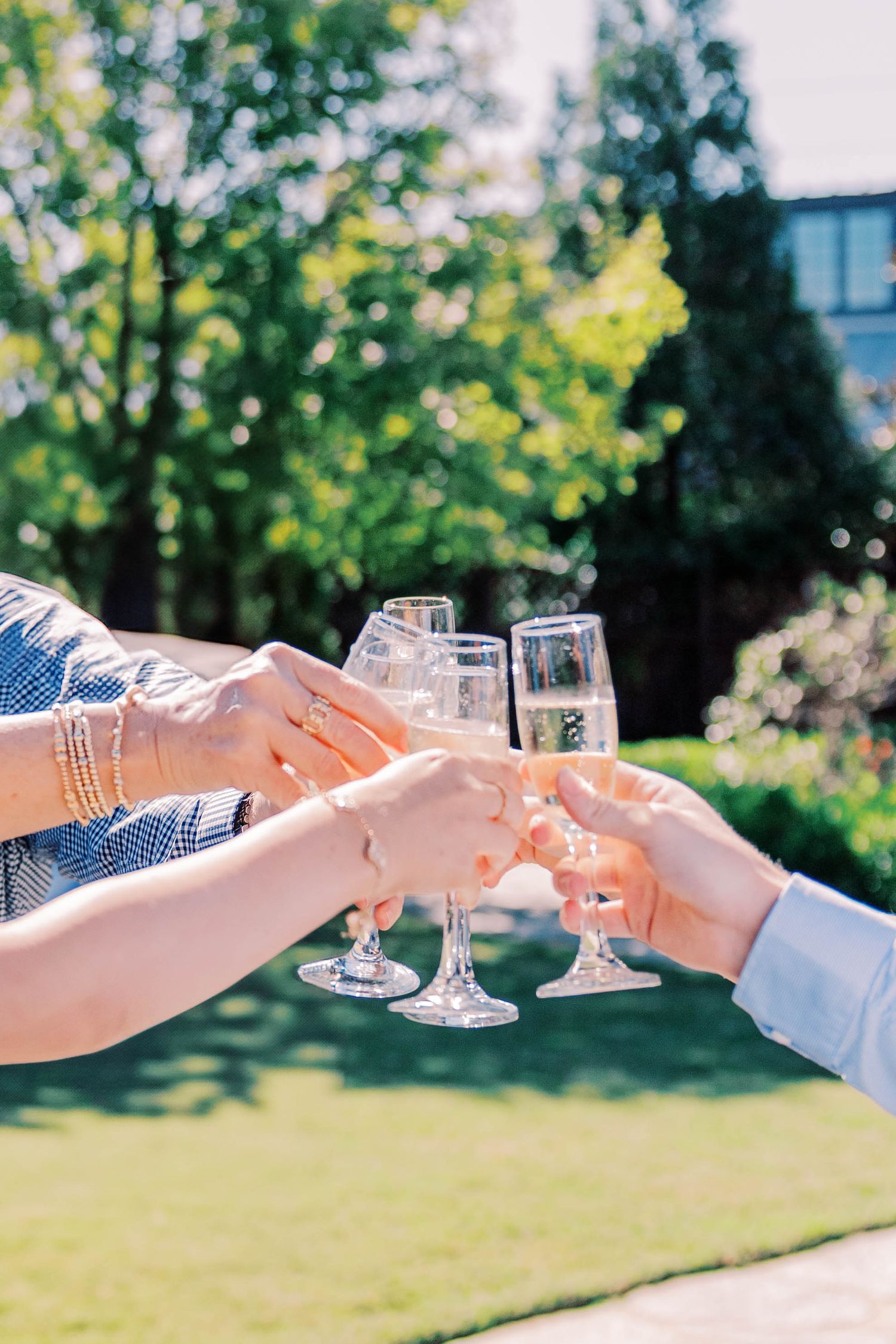 Hands reaching out to toast with champagne glasses in an outdoor garden setting.