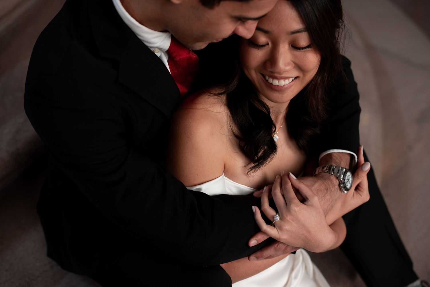 A romantic sequence of wedding photos showing tender moments between a bride and groom during their celebration.