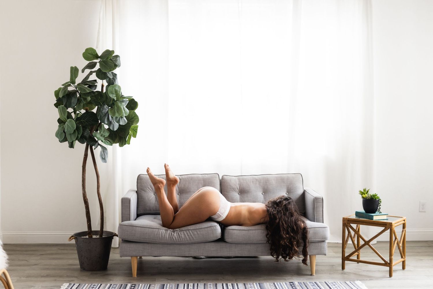 Modern grey sofa with leather pillows and potted fiddle leaf fig plant in a bright minimalist living room interior.