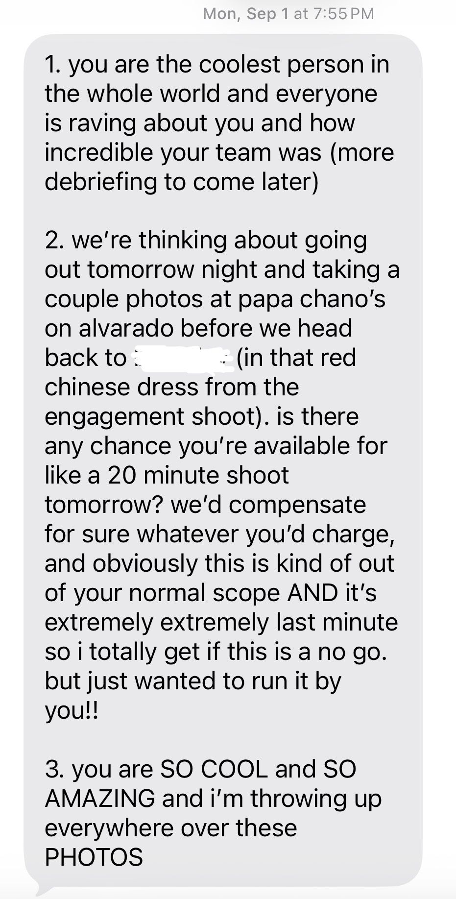 Text message conversation showing multiple messages about planning a photo shoot and discussing logistics at Papa Chang's.