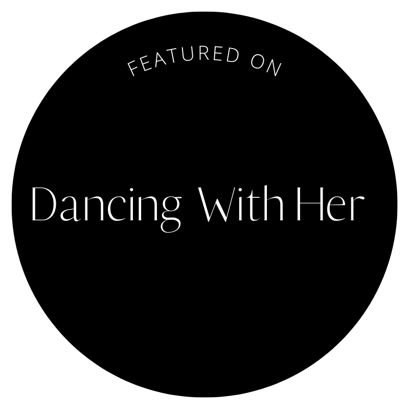 A series of black circular badges with text 'Featured On' and 'Dancing With Her' arranged in a row.