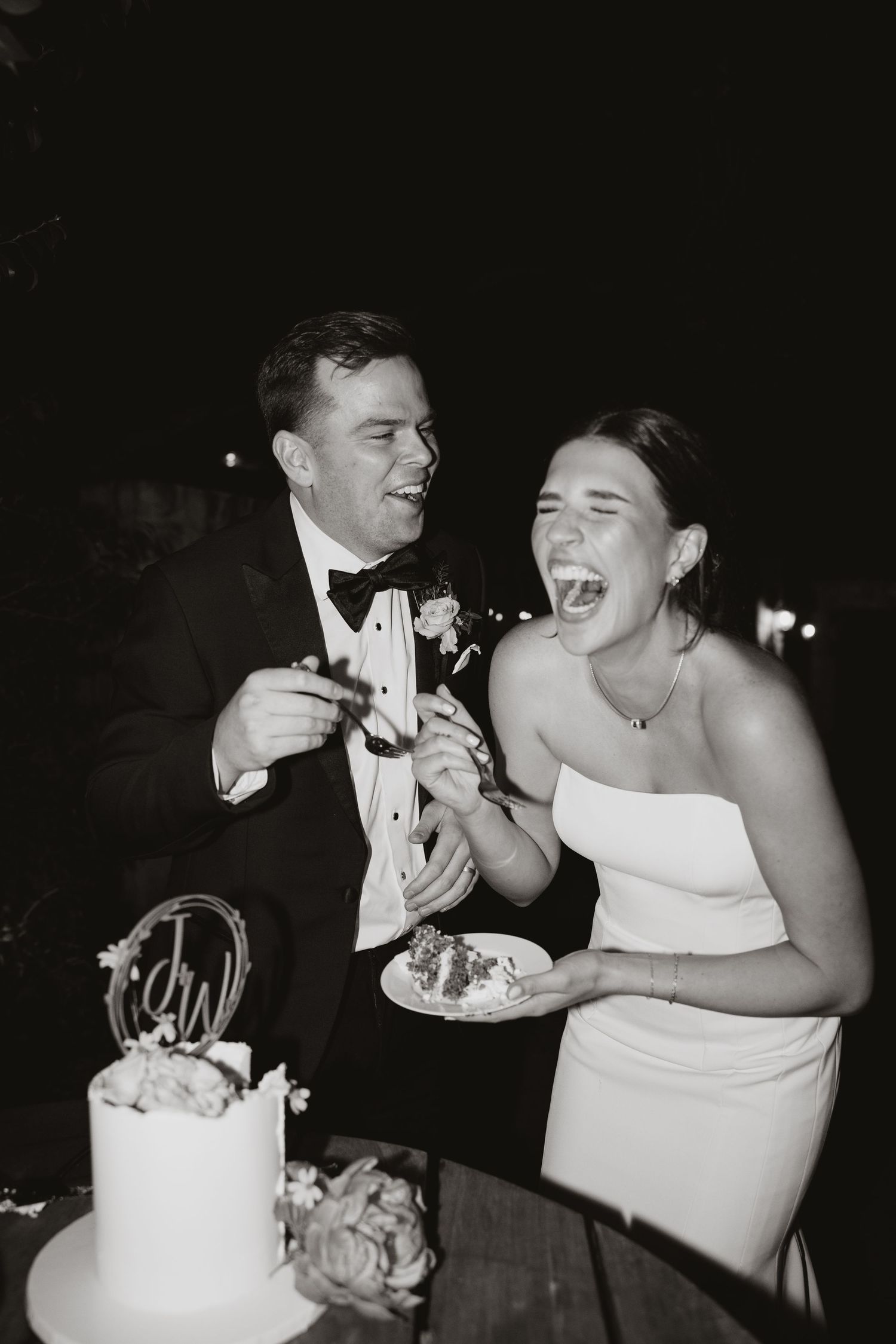 A series of wedding cake photos showing the traditional cake-feeding moment between newlyweds at their reception.