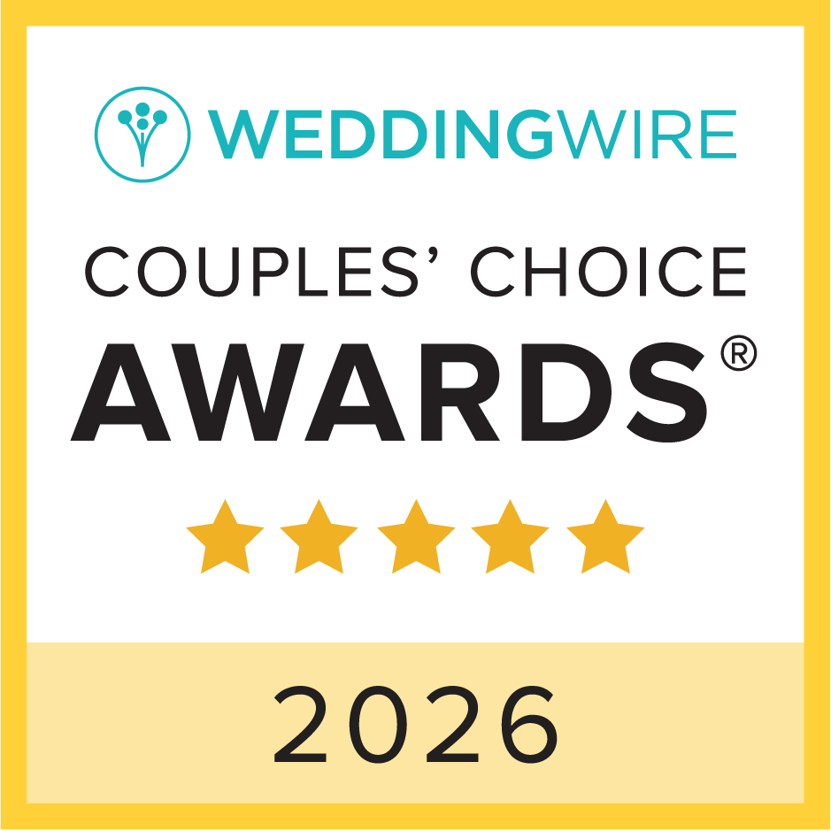 WeddingWire Couples Choice Awards 2026 logo with five gold stars on a white and yellow background.