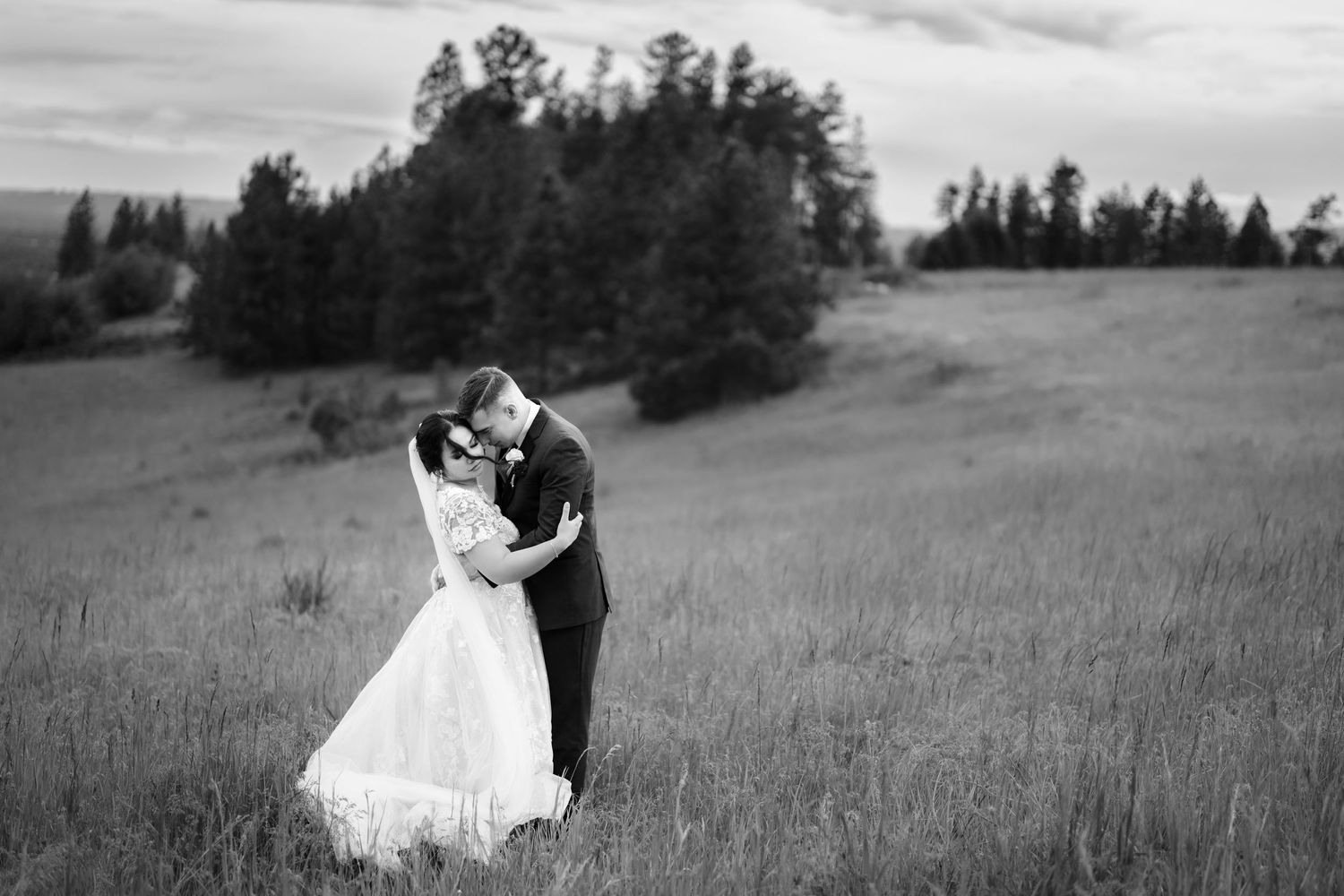 Black and white wedding portrait of couple dancing in an open meadow with mountains in background.