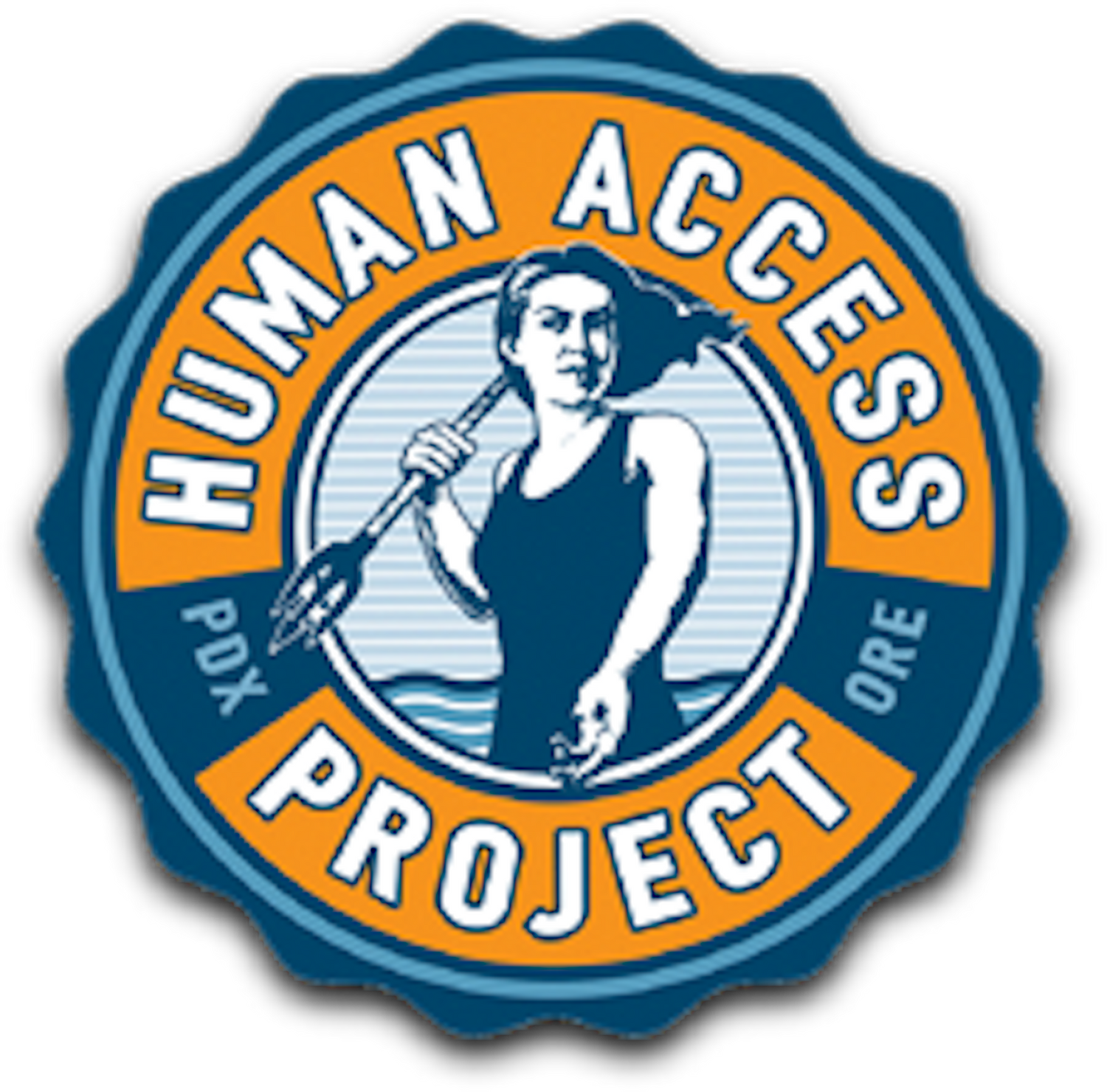 Blue and orange circular logo design featuring an athlete figure holding equipment for the Human Access Project.