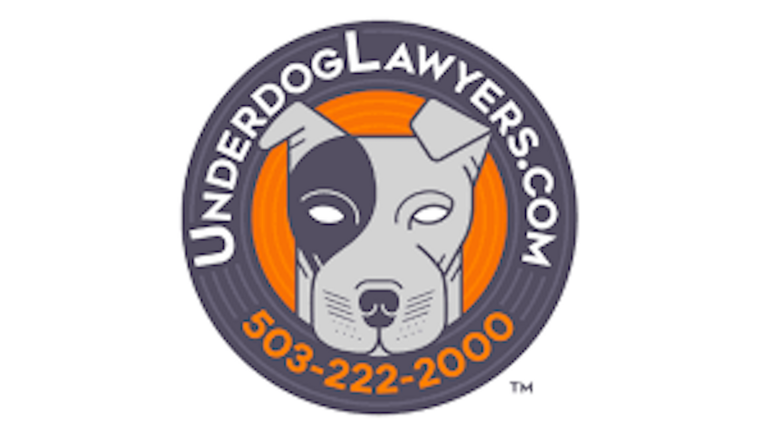 A circular logo for Underdog Lawyers featuring a stylized half-white half-gray dog face design with orange accents and phone number.