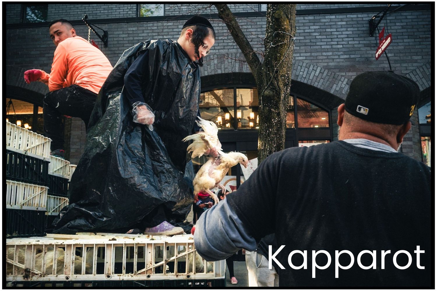 Urban parkour athletes leap between barriers in front of a brick building at dusk.