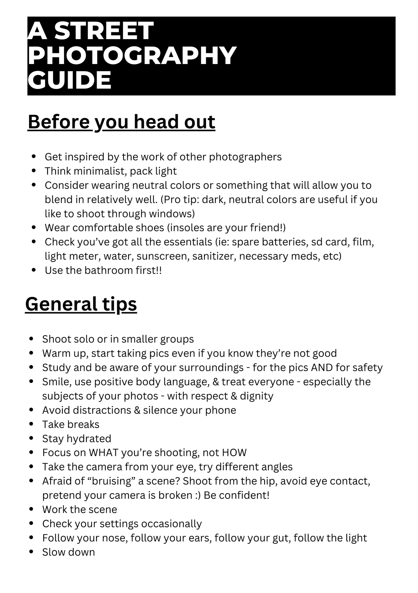 Street photography guide showing tips and checklist items for preparation before heading out to shoot.
