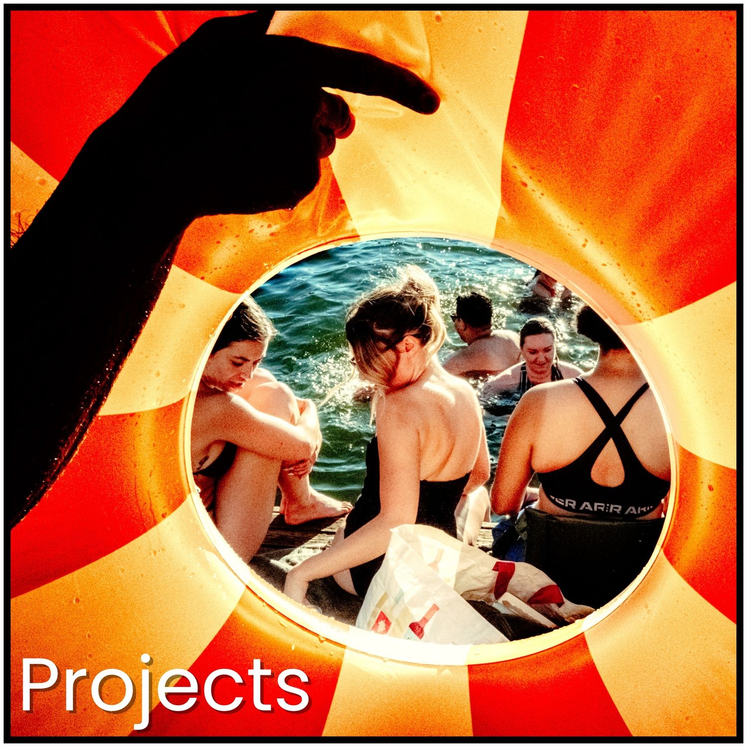 Stylized circular photo of people lounging on a boat deck against a red and orange sunburst background design.