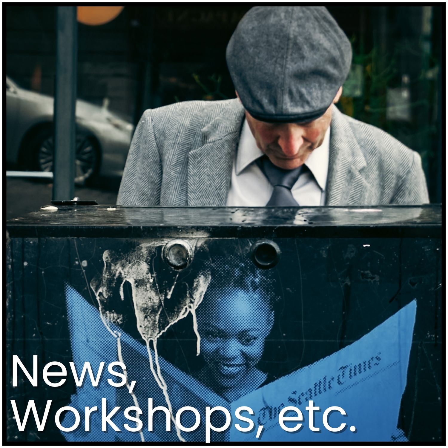 A person in a gray cap and suit jacket leans over a sign post with a vintage blue-tinted photograph below.
