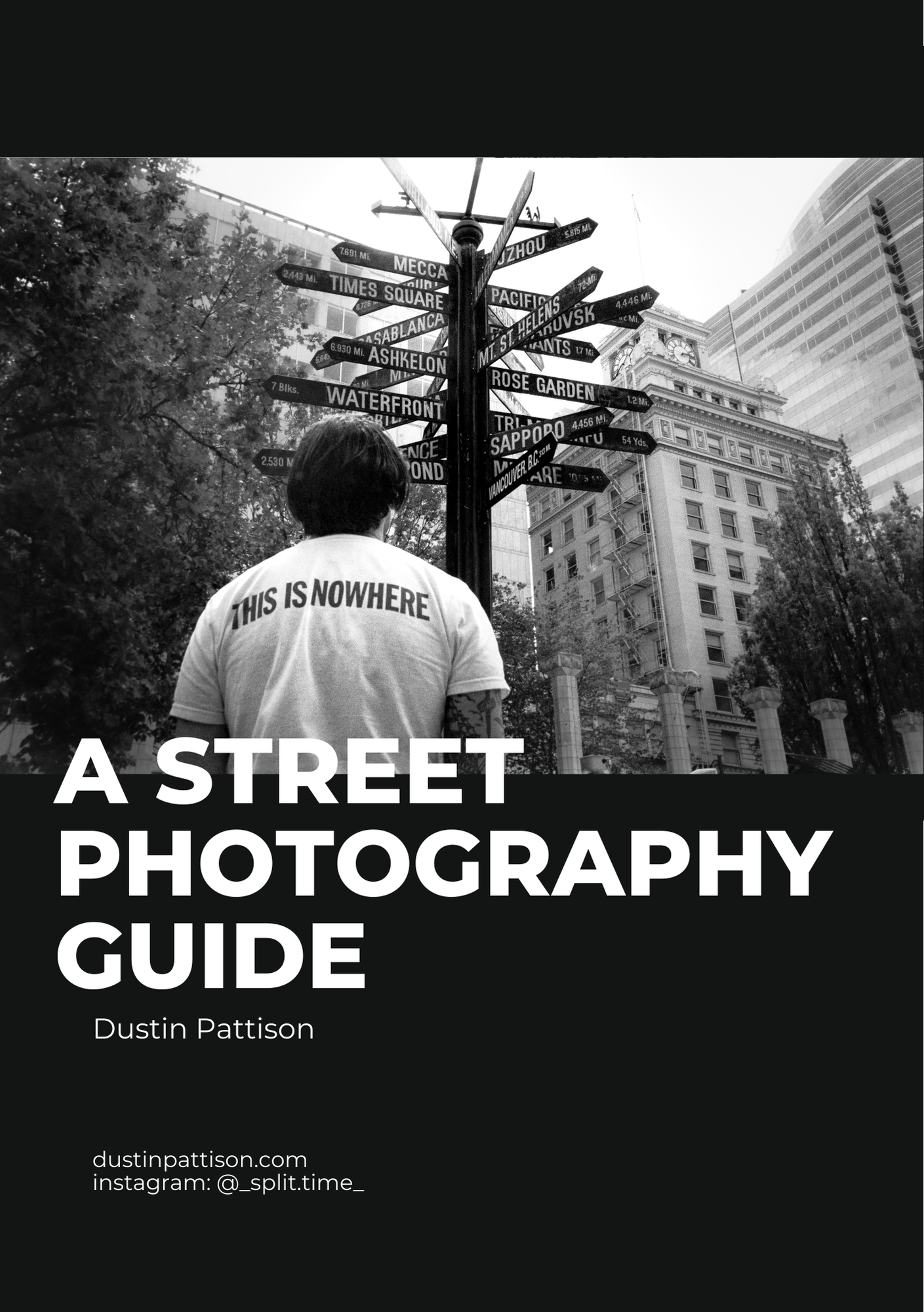 Street photography guide cover showing a person in 'This is Nowhere' shirt facing signpost.