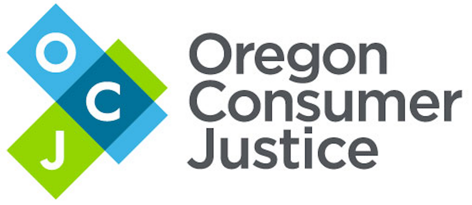 Oregon Consumer Justice logo featuring blue and green diamond shapes with OCJ letters in a modern design.
