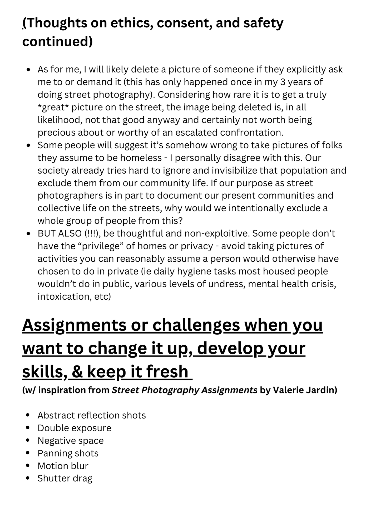 Page discussing ethics, consent and safety considerations in street photography with assignment suggestions.