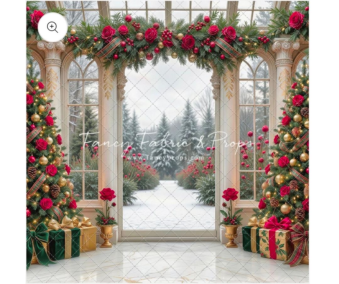 Festive Christmas backdrop with decorated trees, red floral garland arch, gifts, and snowy garden view through elegant windows.