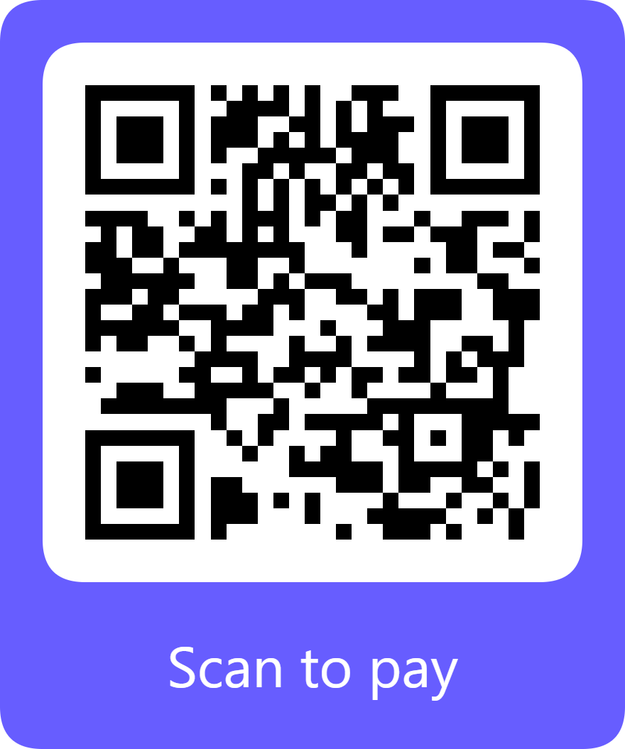 Black and white QR code pattern on white background with text 'Scan to pay' below.