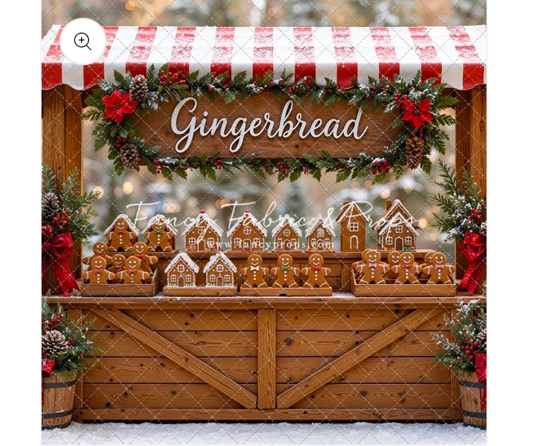 A festive gingerbread market stall with wooden counter displaying gingerbread houses, red plaid awning, and holiday greenery.