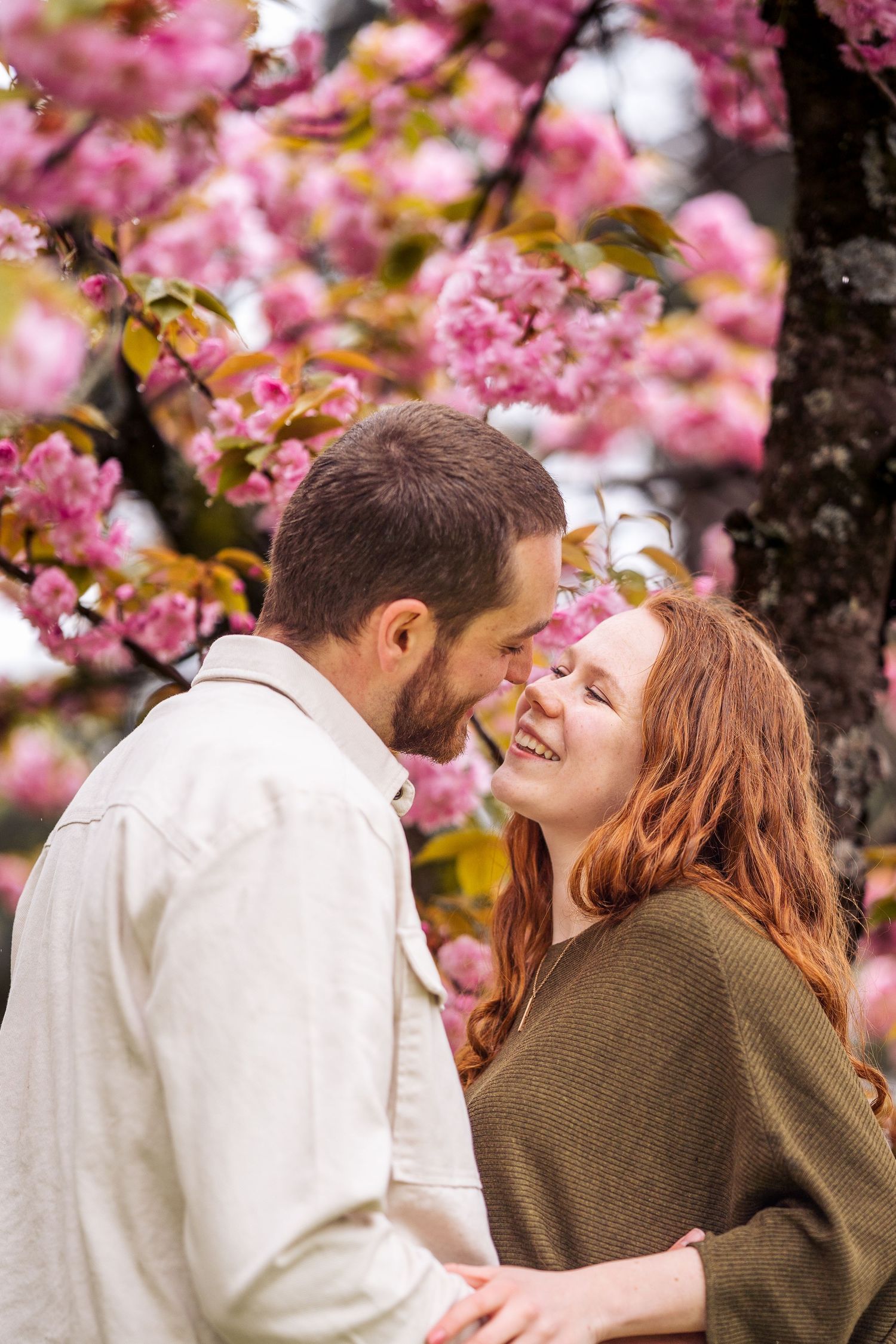 A tender moment between a couple surrounded by beautiful pink cherry blossoms.