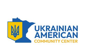Ukrainian American Community Center logo with trident emblem on Minnesota state outline in blue and yellow.
