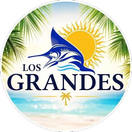 Los Grandes tropical logo featuring a blue marlin, sun, palm trees, and ocean waves on a beach background.