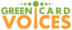 Green Card Voices logo featuring green dots and orange typography promoting immigrant storytelling nonprofit.