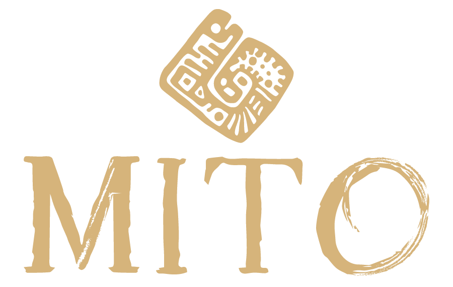Gold MITO logo featuring ancient Mesoamerican glyph symbol above stylized serif letters on white background.