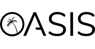 Oasis brand logo featuring bold black text with a palm tree illustration replacing the letter O.