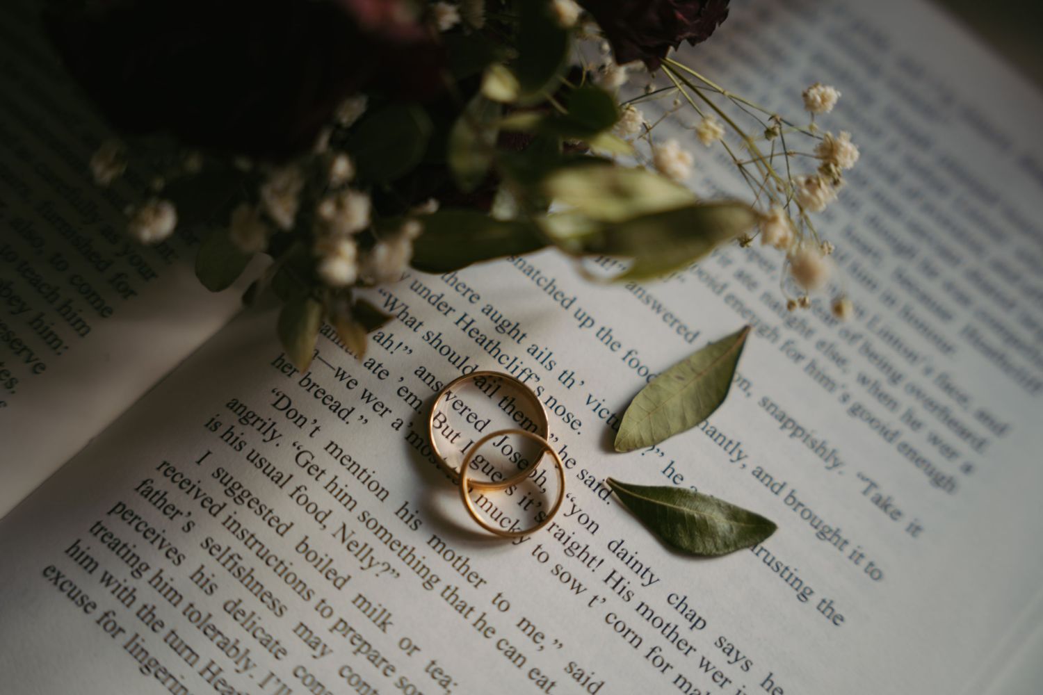Two gold wedding rings resting on an open book with a floral bouquet in the background.