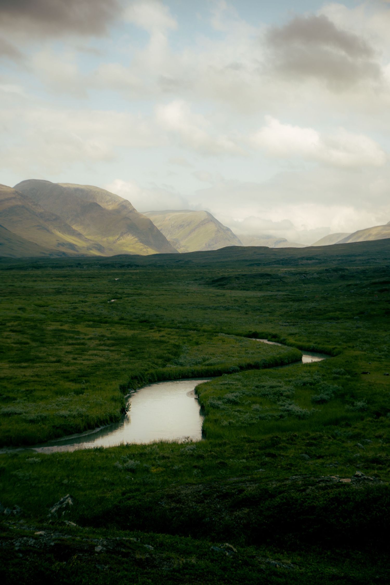 Winding river through a lush green Arctic tundra valley with mountains and dramatic cloudy sky at dusk.