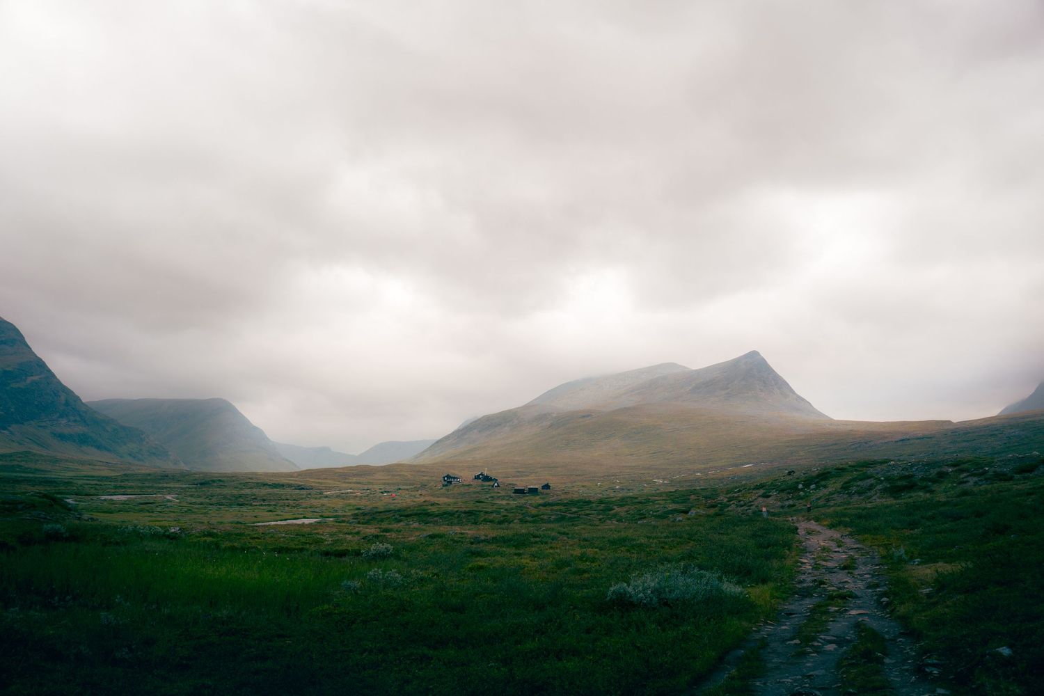 Dramatic misty mountain valley with a dirt trail and grazing reindeer under heavy overcast clouds.