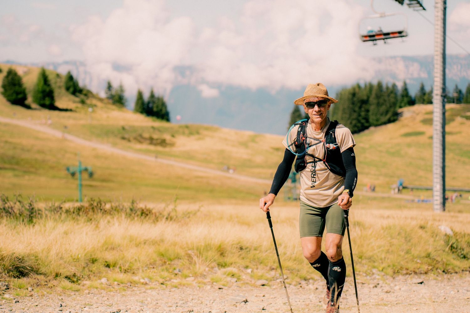 Hiker with trekking poles and backpack walking on mountain trail in alpine meadow on sunny day.