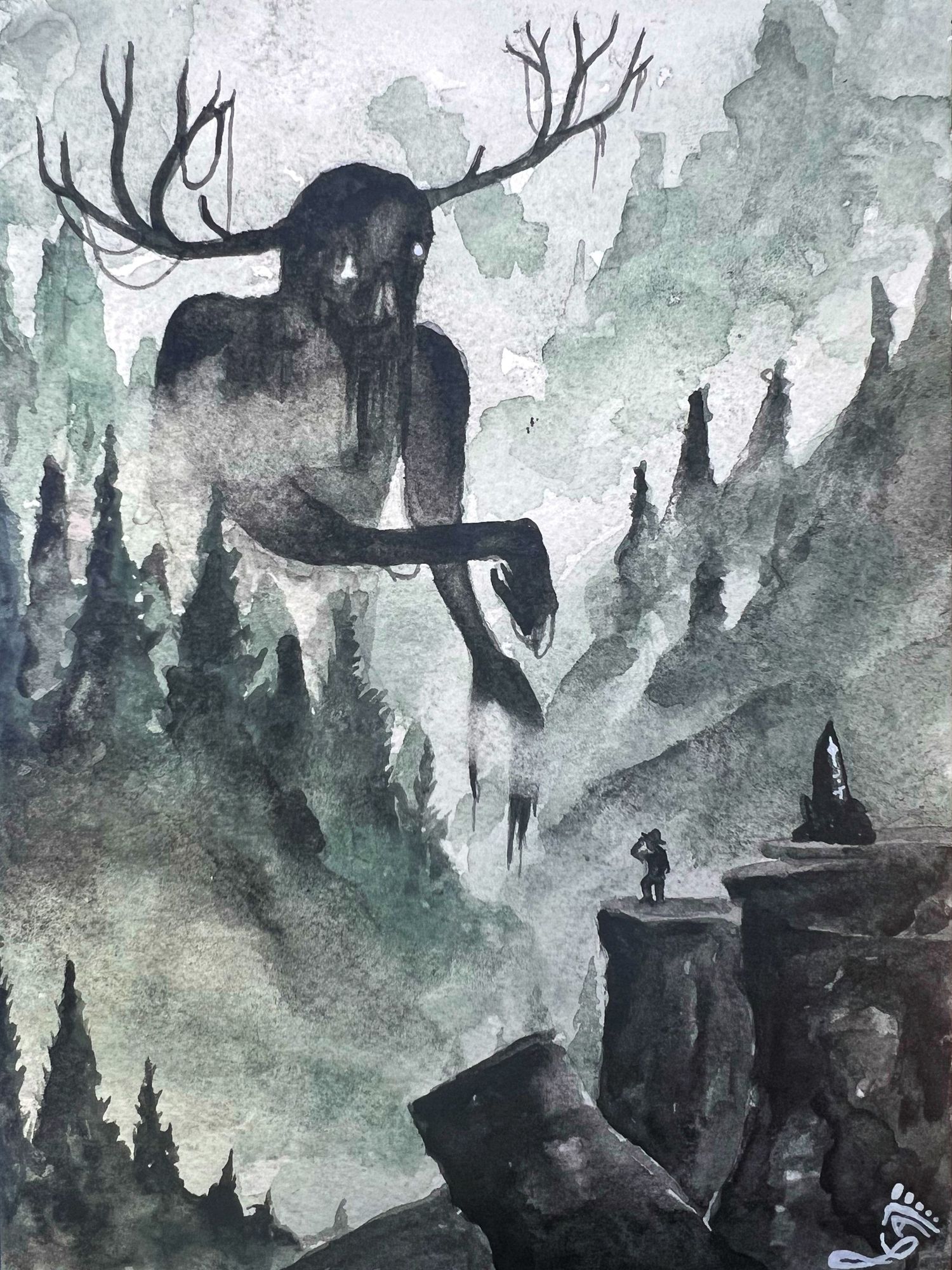A watercolor painting of an explorer encountering, a eldritch, Appalachian Wendigo, like horror in the mountains and forest, Cliff