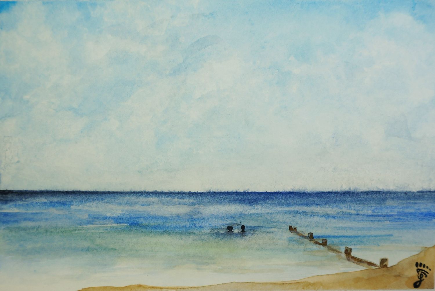 A simple, watercolor painting of a beach and ocean with waves and a couple