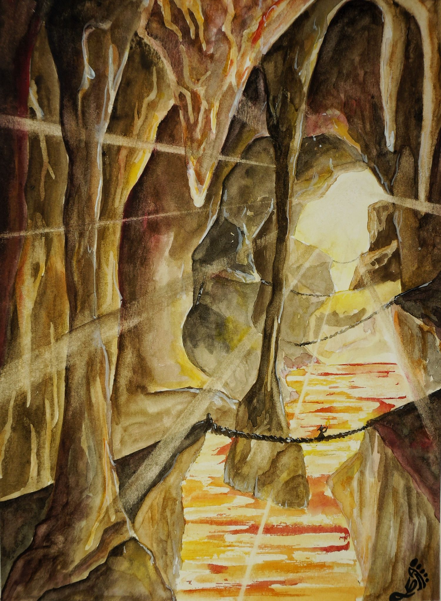 Watercolor painting of a man crossing a bridge above a lake of lava in a cave, with stalactites and columns of stone, with light shining