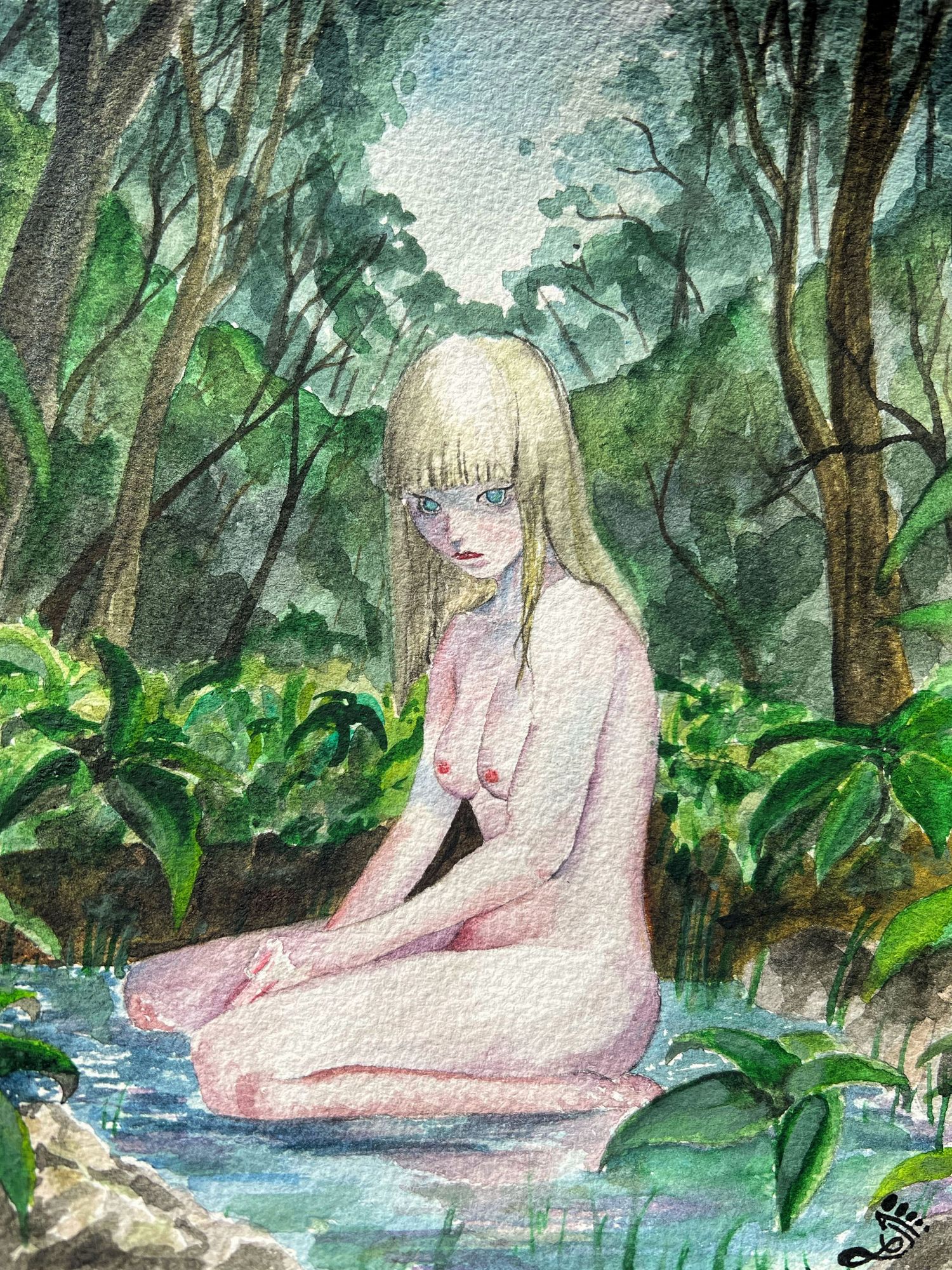 Watercolor, painting of a forest nymph in a pool of water. Nude study, forest, jungle, spring, woman
