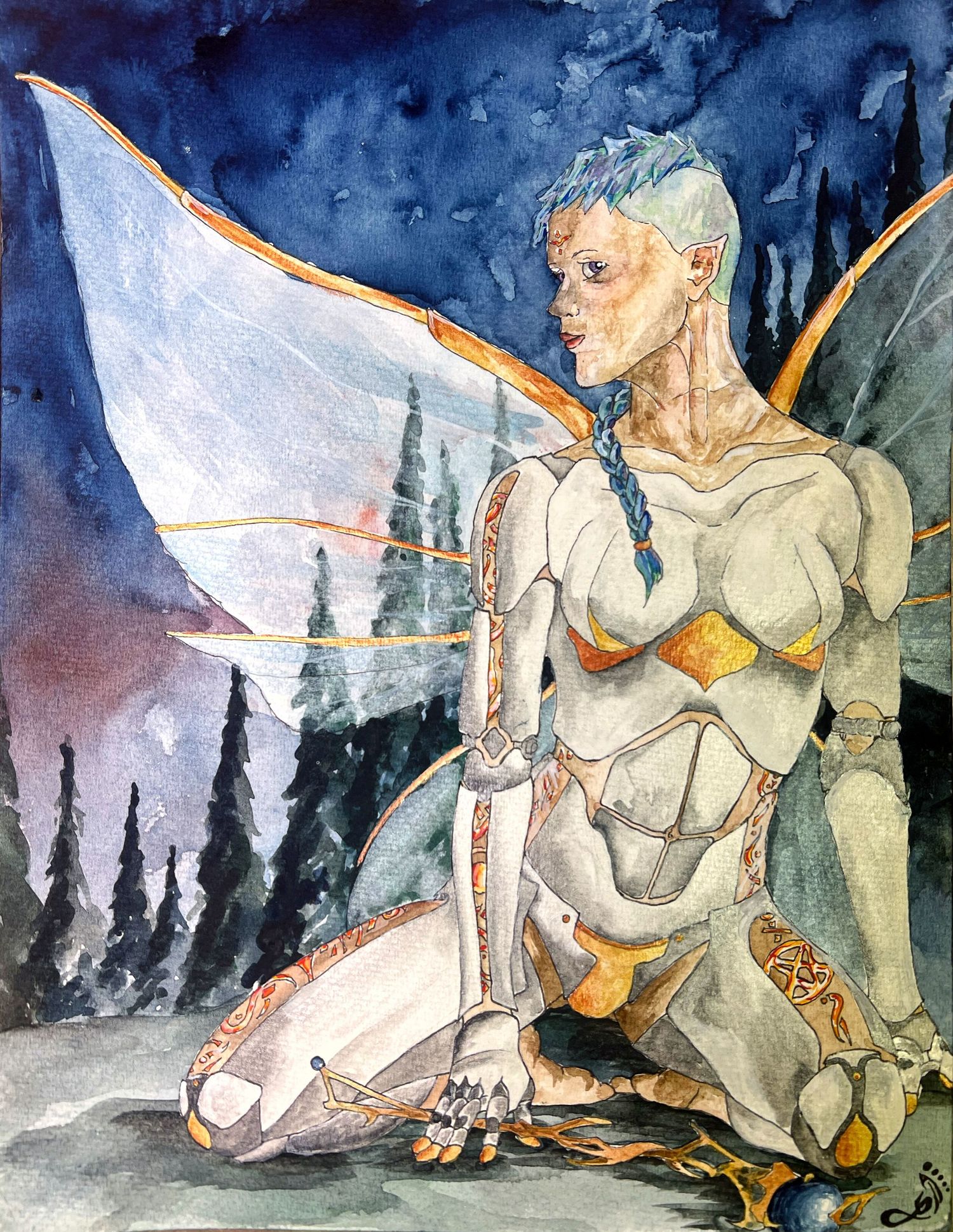 A watercolor painting of a fairy adorned in armor in a landscape with a dark blue sky and pine trees in the background