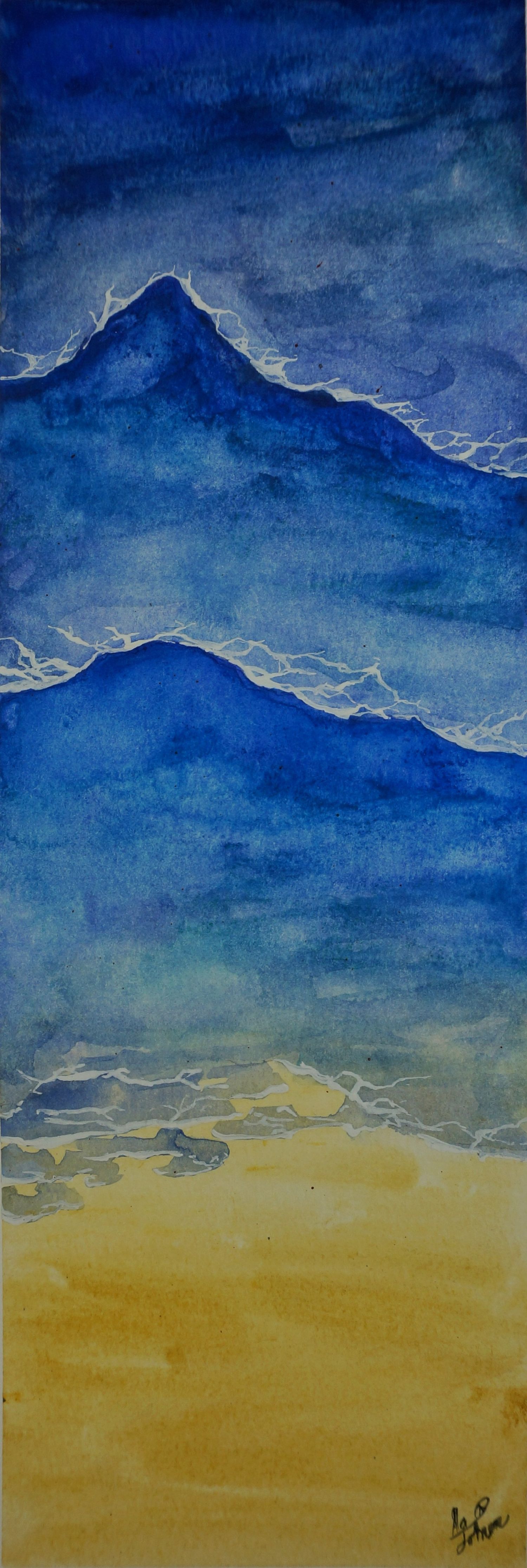 A simple, watercolor painting of a beach and ocean with waves