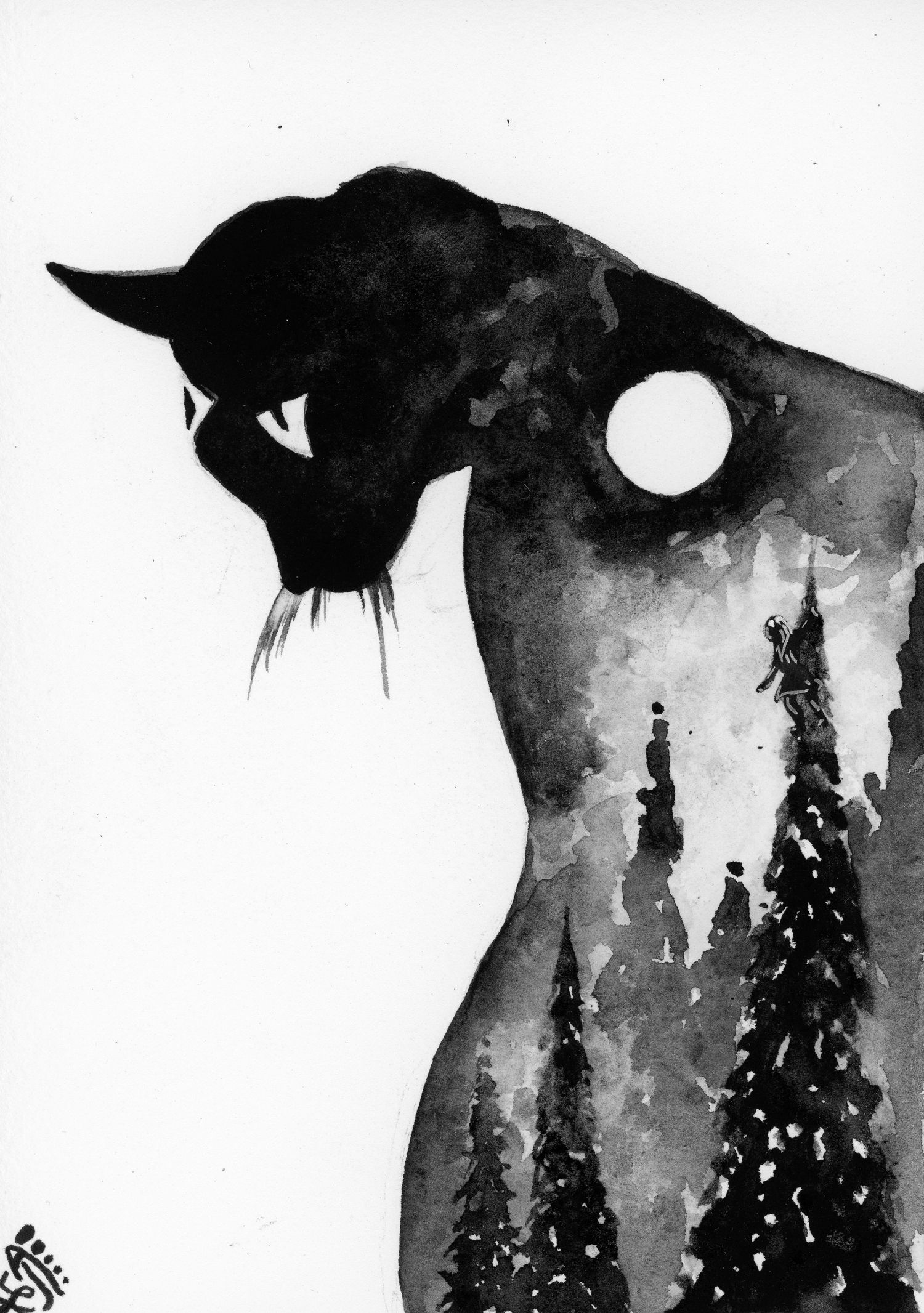 Watercolor, painting of a forest and moon scene outlined with in the shape of a cat monochromatic black-and-white