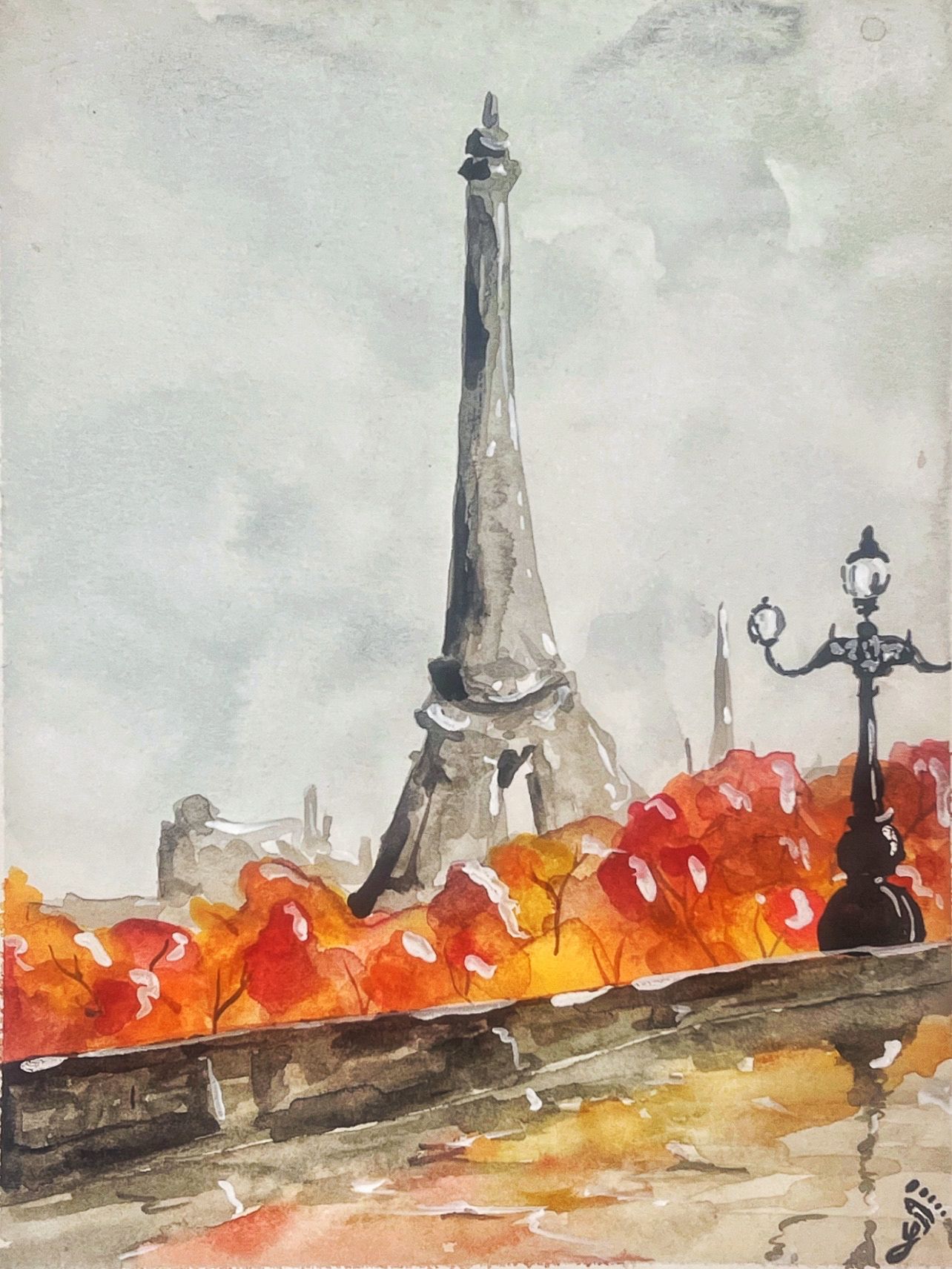 Watercolor Painting of the Eiffel tower using Grey's autumn colors with a lamp post in the foreground