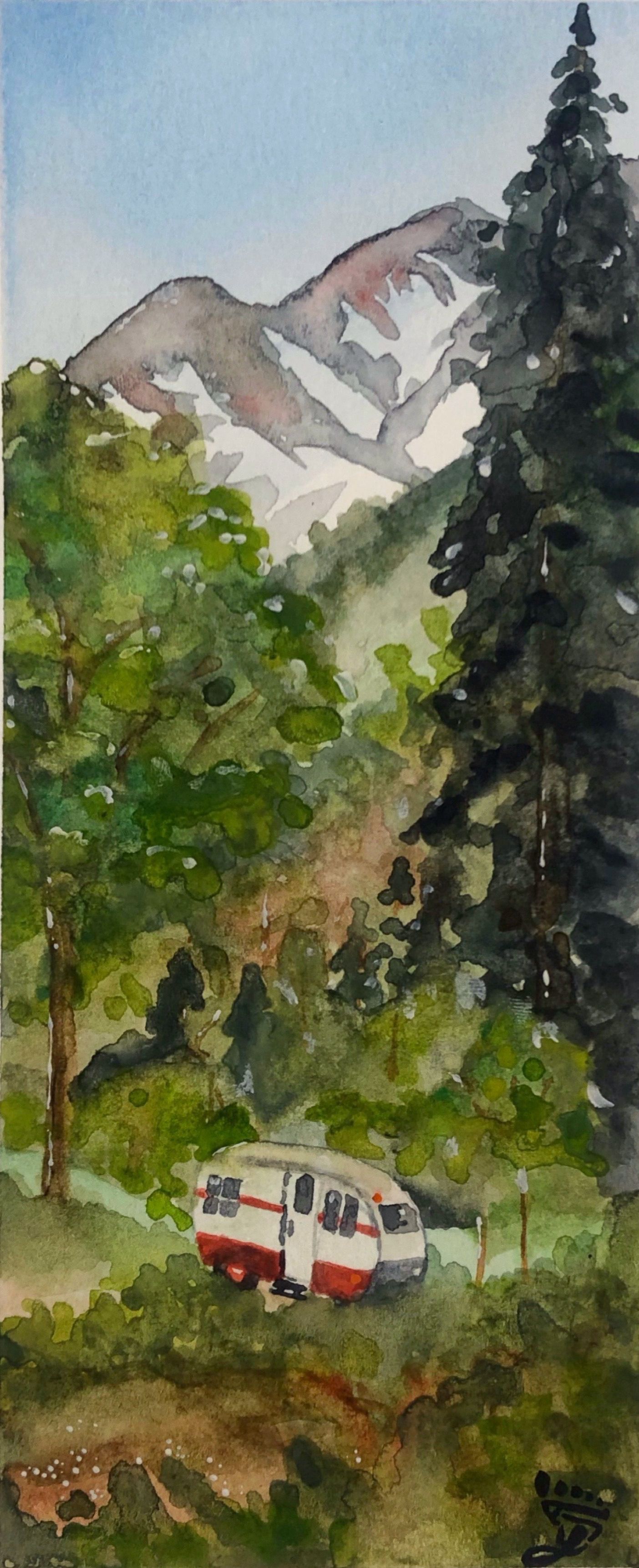 A red camper in a mountain scene with lush trees and foliage, watercolor, painting with mountains in the background and a blue sky